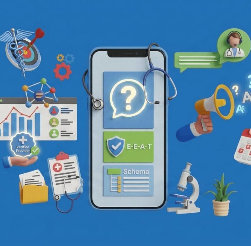 Graphic showing a healthcare website optimization strategy with E-E-A-T, schema, verified provider, analytics, and medical communication