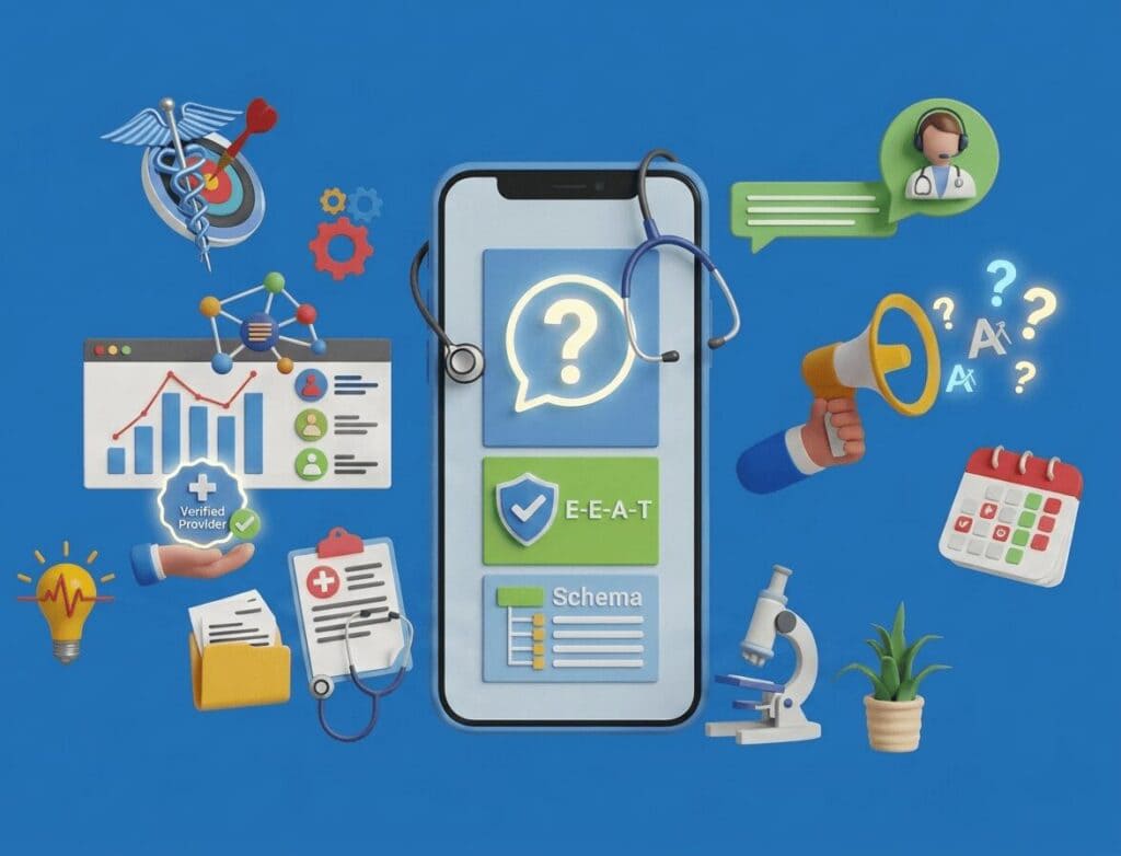 Graphic showing a healthcare website optimization strategy with E-E-A-T, schema, verified provider, analytics, and medical communication